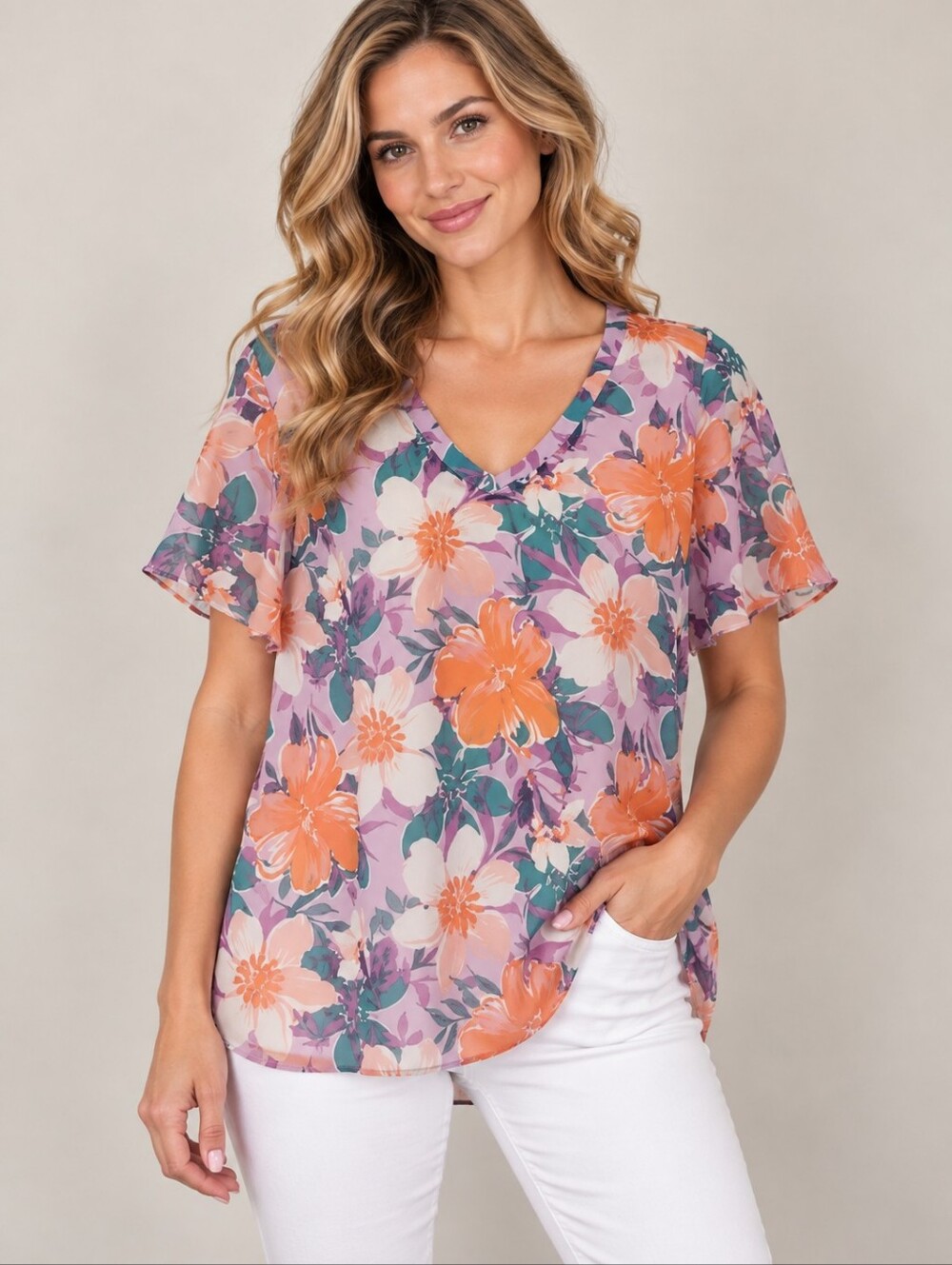 D & CO Lavendar Tropical Resort Floral Chiffon Blouse Size 1X